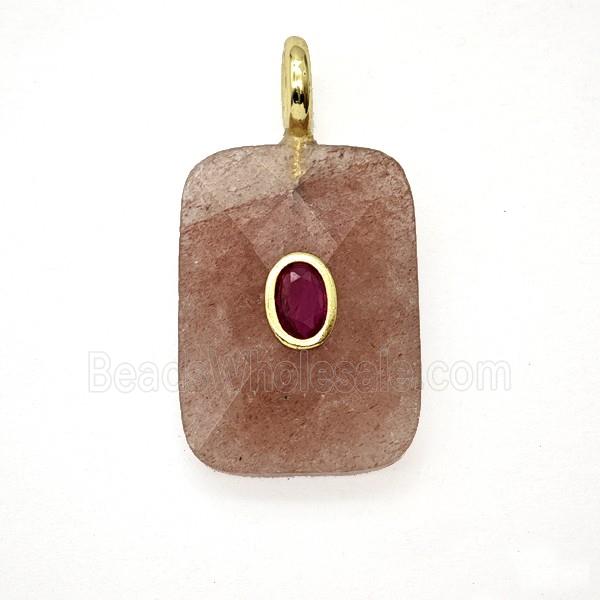 Natural Pink Strawberry Quartz Rectangle Pendant Pave Zirconia