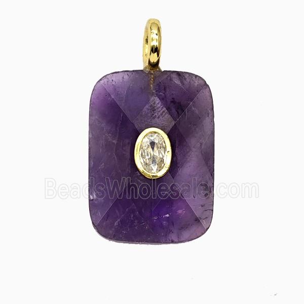 Natural Purple Amethyst Rectangle Pendant Pave Zirconia