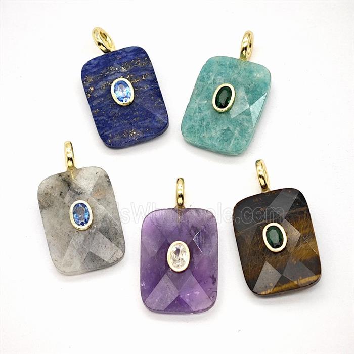 Natural Gemstone Rectangle Pendant Pave Zirconia Mixed