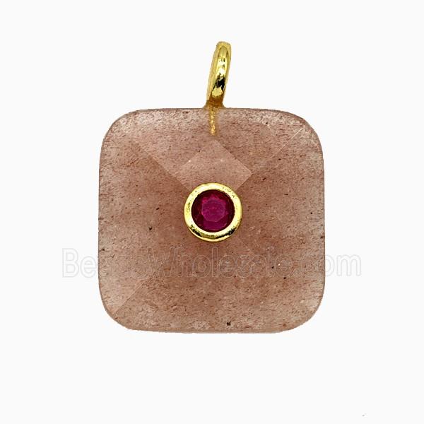 Natural Pink Strawberry Quartz Square Pendant Pave Zirconia