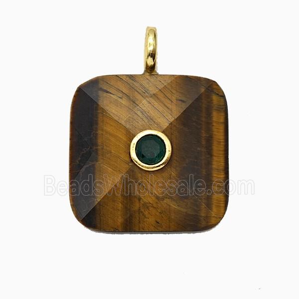 Natural Tiger Eye Stone Square Pendant Pave Zirconia