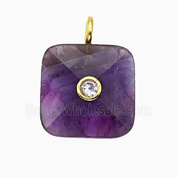 Natural Purple Amethyst Square Pendant Pave Zirconia