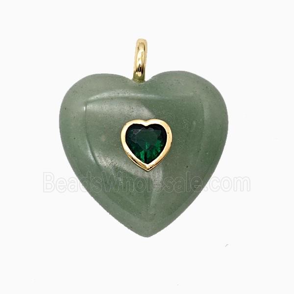 Natural Green Aventurine Heart Pendant Pave Zirconia