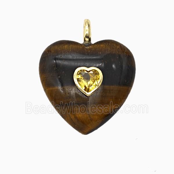 Natural Tiger Eye Stone Heart Pendant Pave Zirconia