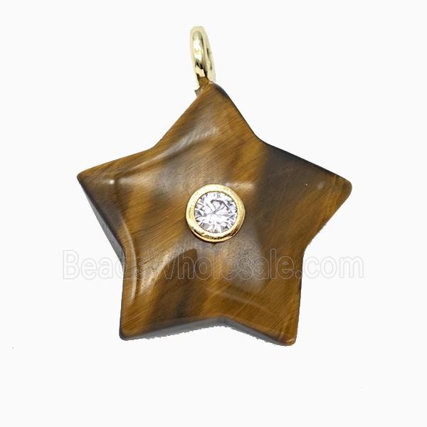 Natural Tiger Eye Stone Star Pendant Pave Zirconia