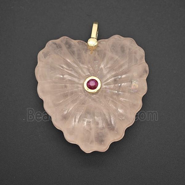 Natural Pink Rose Quartz Heart Pendant Pave Zirconia