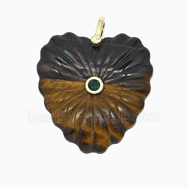 Natural Tiger Eye Stone Heart Pendant Pave Zirconia