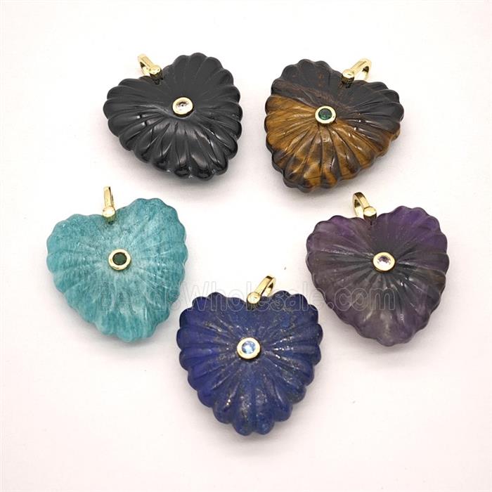 Natural Gemstone Heart Pendant Pave Zirconia Mixed