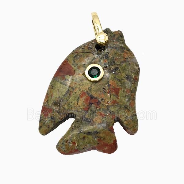 Unakite Fish Pendant Pave Zirconia