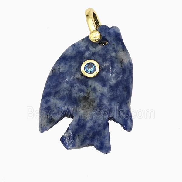 Blue Dalmatian Jasper Fish Pendant Pave Zirconia