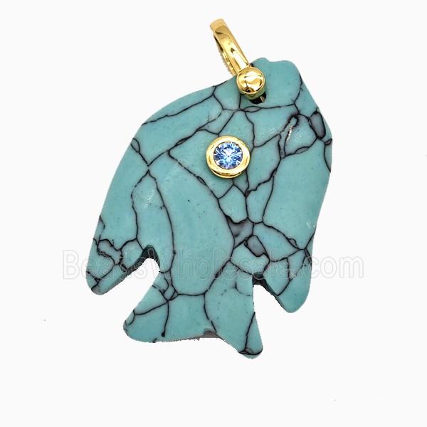 Blue Synthetic Turquoise Fish Pendant Pave Zirconia Dye