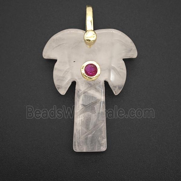 Rose Quartz Coconut Tree Pendant Pave Zirconia Palm