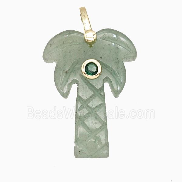 Green Aventurine Coconut Tree Pendant Pave Zirconia Palm