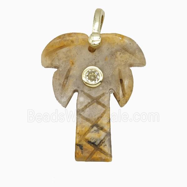 Yellow Crazy Agate Coconut Tree Pendant Pave Zirconia Palm