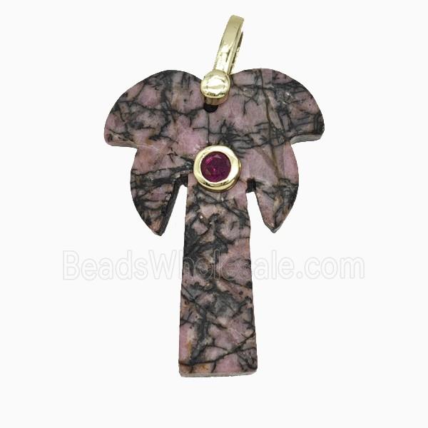 Chinese Rhodonite Coconut Tree Pendant Pave Zirconia Palm