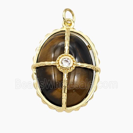 Tiger Eye Stone Oval Pendant Pave Zirconia Gold Plated