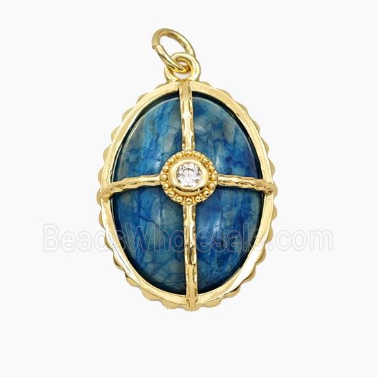 Blue Dye Jade Oval Pendant Pave Zirconia Gold Plated