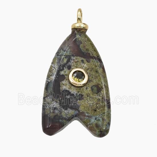 Green Dragon Bloodstone Shark-Tail Pendant Pave Zirconia