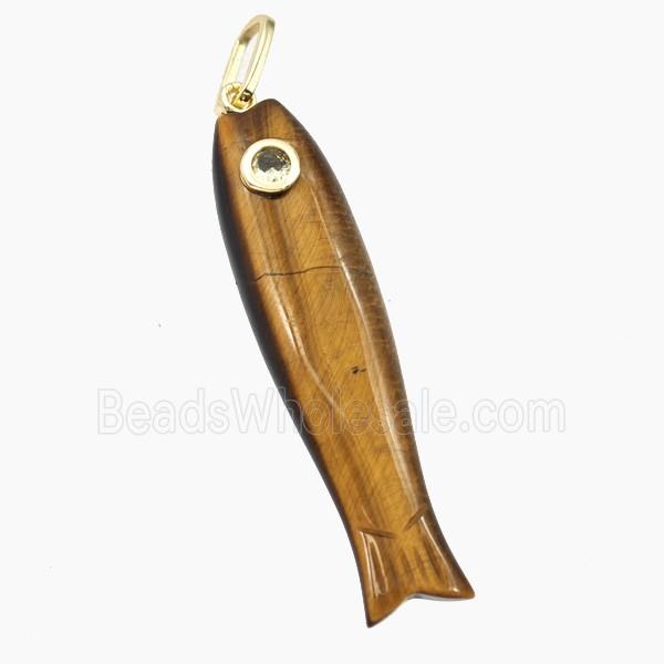 Tiger Eye Stone Fish Pendant Pave Zirconia