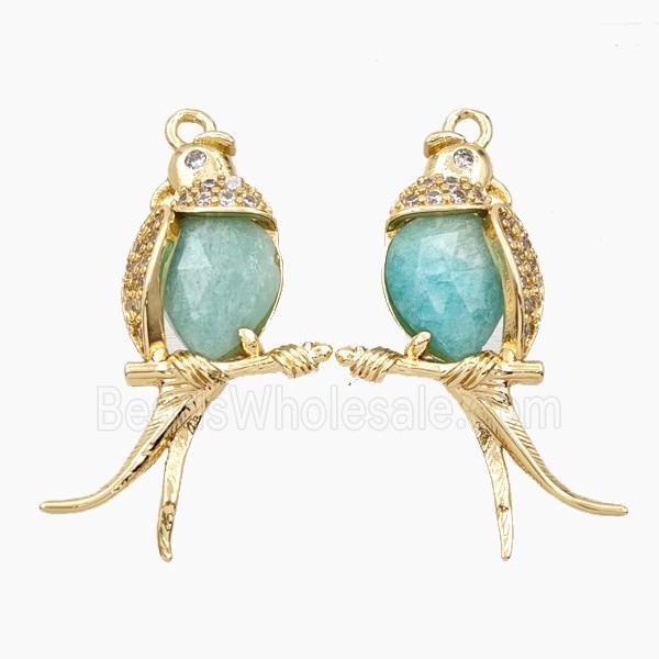 Copper Magpie Pendant Pave Zirconia Green Amazonite Birds Gold Plated