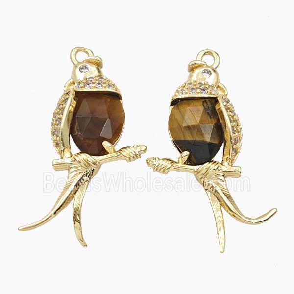 Copper Magpie Pendant Pave Zirconia Tiger Eye Birds Gold Plated