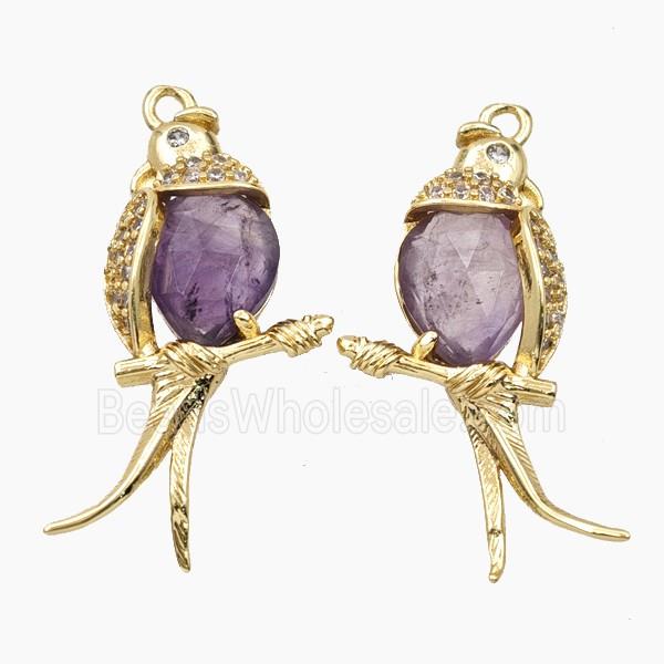 Copper Magpie Pendant Pave Zirconia Amethyst Birds Gold Plated