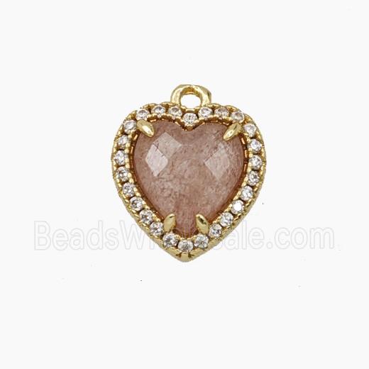 Copper Heart Pendant Pave Zirconia Strawberry Quartz Gold Plated