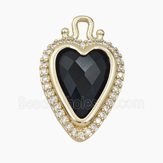 Copper Heart Pendant Pave Zirconia Black Obsidian Gold Plated
