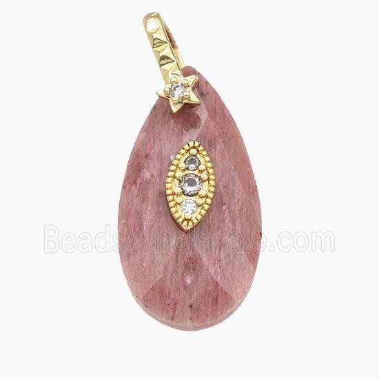 Pink Wood Lace Jasper Teardrop Pendant Pave Zirconia