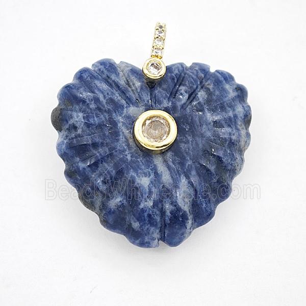 Blue Sodalite Heart Pendant Pave Zirconia Ribbed