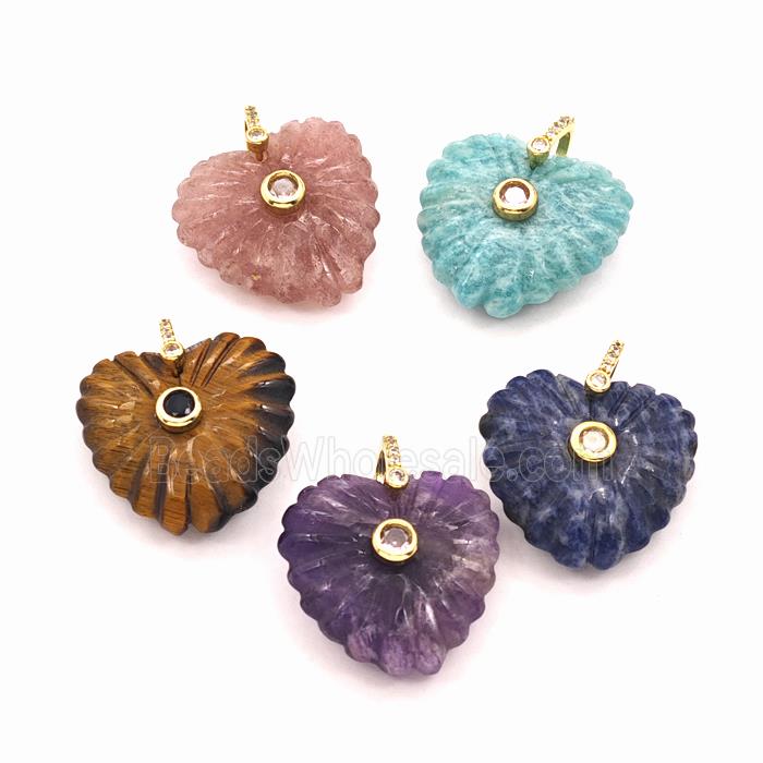 Natural Gemstone Heart Pendant Pave Zirconia Ribbed Mixed