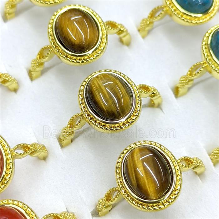 Tiger Eye Copper Rings Oval Gold Plated