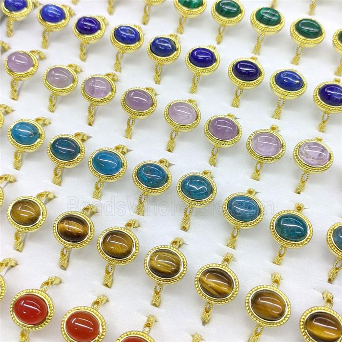 Mix Gemstone Copper Rings Oval Gold Plated