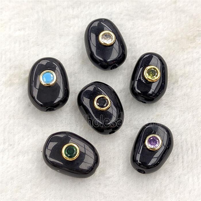 Natural Black Obsidian Potato Beads Pave Zirconia