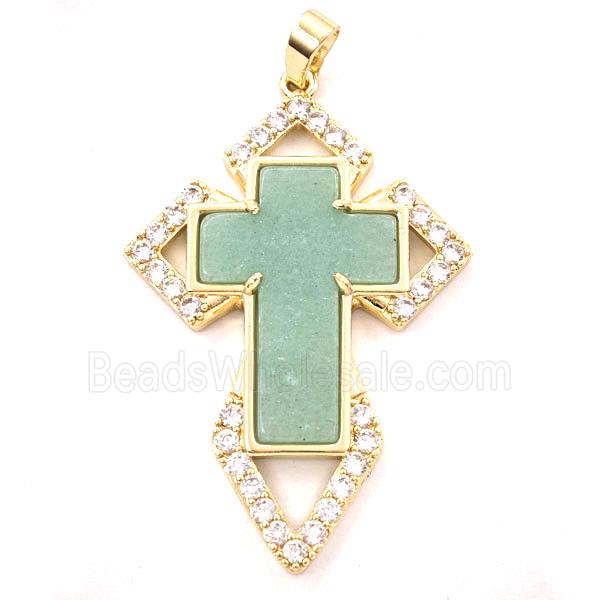 Copper Cross Pendant Pave Zirconia Green Aventurine Gold Plated