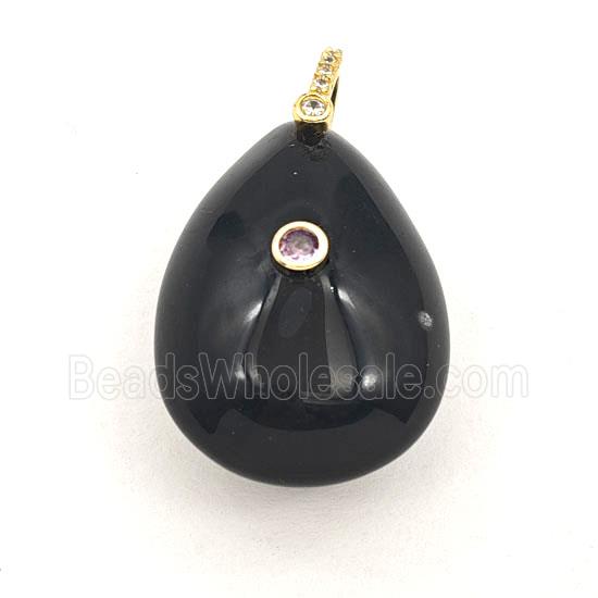 Black Obsidian Teardrop Pendant Pave Zirconia