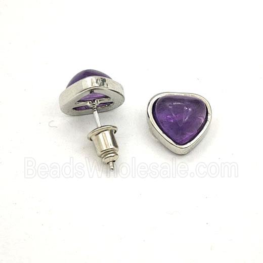 Purple Amethyst Heart Copper Stud Earrings Platinum Plated