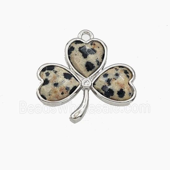 Black Dalmatian Jasper Clover Pendant Platinum Plated
