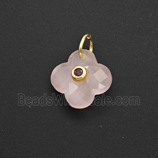 Pink Cats Eye Glass Clover Pendant Pave Zirconia