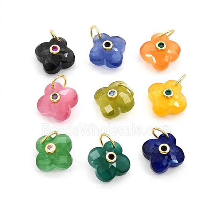 Cats Eye Glass Clover Pendant Pave Zirconia Mixed