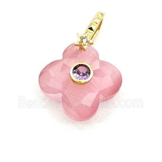 Pink Cats Eye Glass Clover Pendant Pave Zirconia