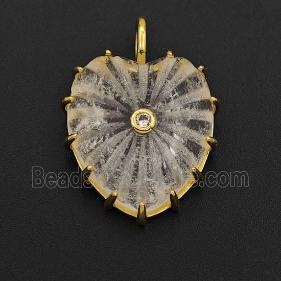 Clear Quartz Heart Pendant Pave Zirconia Ribbed