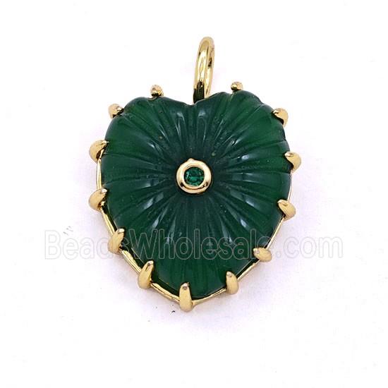 Green Dye Agate Heart Pendant Pave Zirconia Ribbed