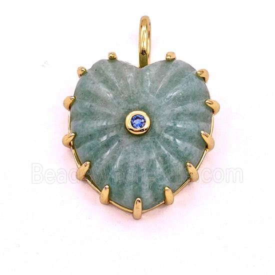 Green Amazonite Heart Pendant Pave Zirconia Ribbed