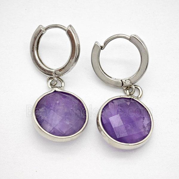 Purple Amethyst Copper Hoop Earrings Circle Platinum Plated