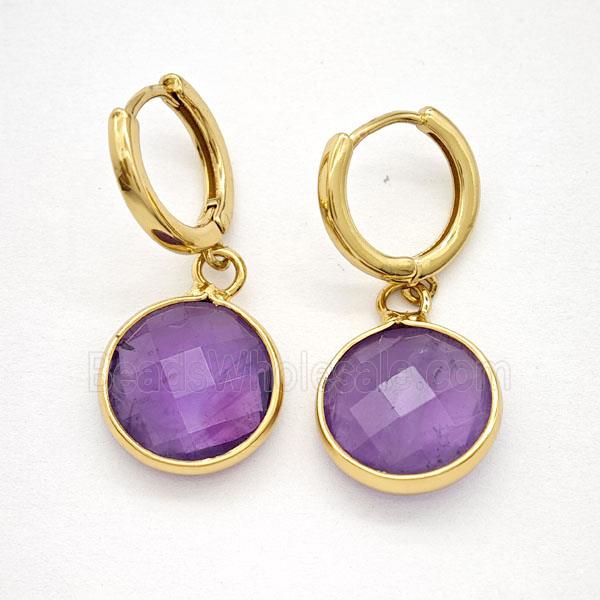 Purple Amethyst Copper Hoop Earrings Circle Gold Plated