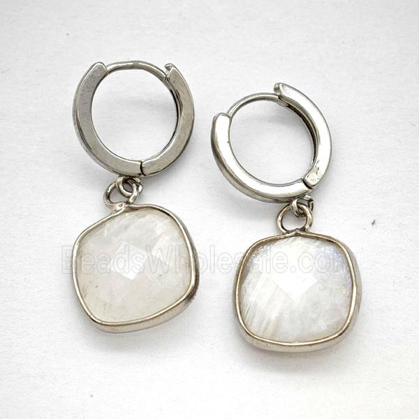 White Moonstone Copper Hoop Earrings Square Platinum Plated