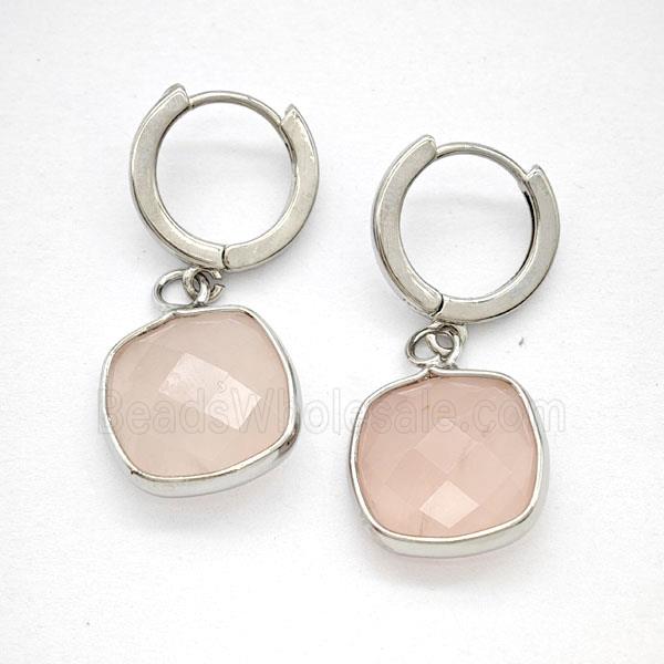 Pink Rose Quartz Copper Hoop Earrings Square Platinum Plated