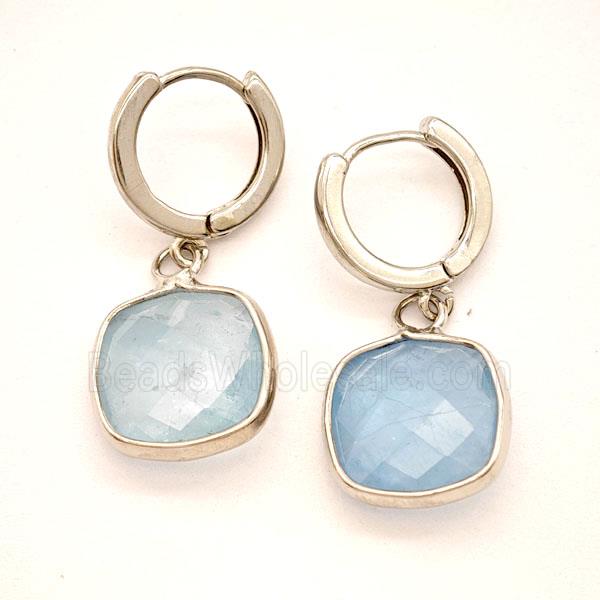 Blue Aquamarine Copper Hoop Earrings Square Platinum Plated