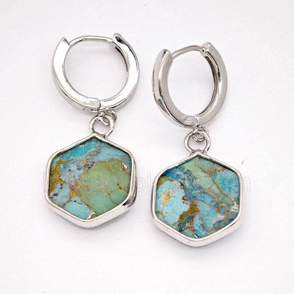 Blue Mosaic Turquoise Copper Hoop Earrings Hexagon Platinum Plated